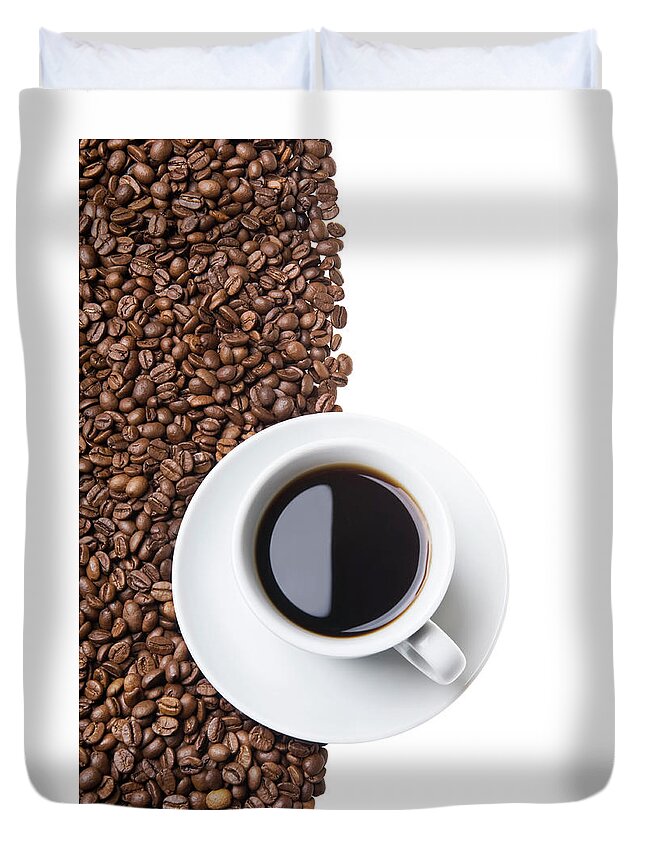 White Background Duvet Cover featuring the photograph Cup Of Coffee On Beans On Half by Digihelion