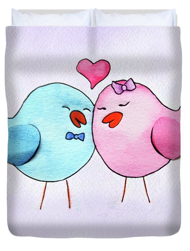 Love Duvet Cover featuring the painting Cute Lovebirds watercolour by Terri Waters