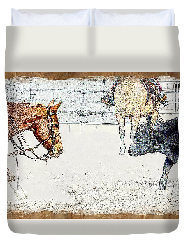 Horse Duvet Cover featuring the mixed media Cutting Horse At Work by Kae Cheatham