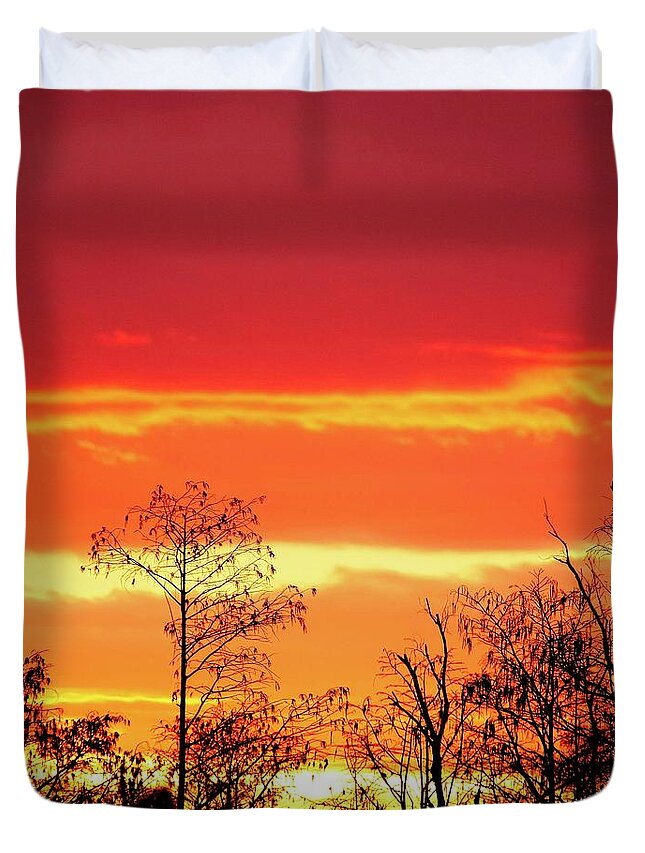 Sunset Duvet Cover featuring the photograph Cypress Swamp Sunset 5 by Steve DaPonte