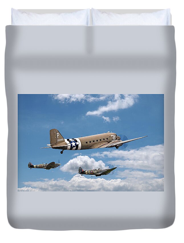 Aircraft Duvet Cover featuring the photograph Dakota And Spitfires En Route To Normandy by Gill Billington