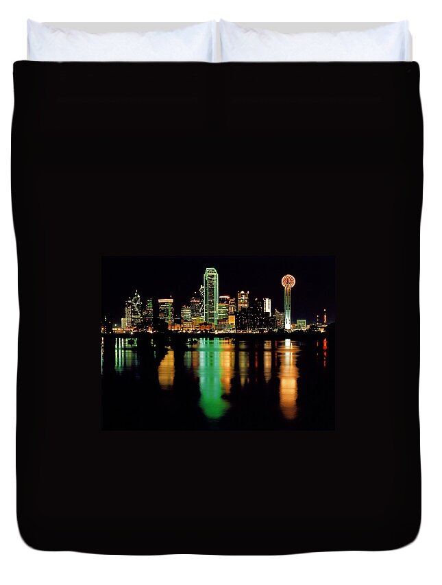 Black Background Duvet Cover featuring the photograph Dallas, Texas Skyline Reflected In by Wendellandcarolyn