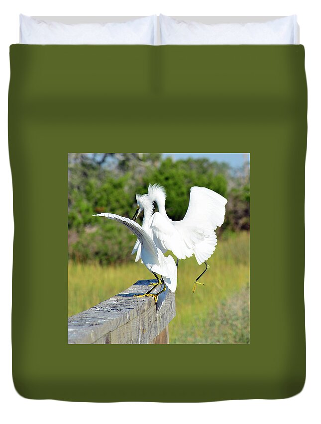 Birds Duvet Cover featuring the photograph Dancing Snowy Egrets by Bruce Gourley