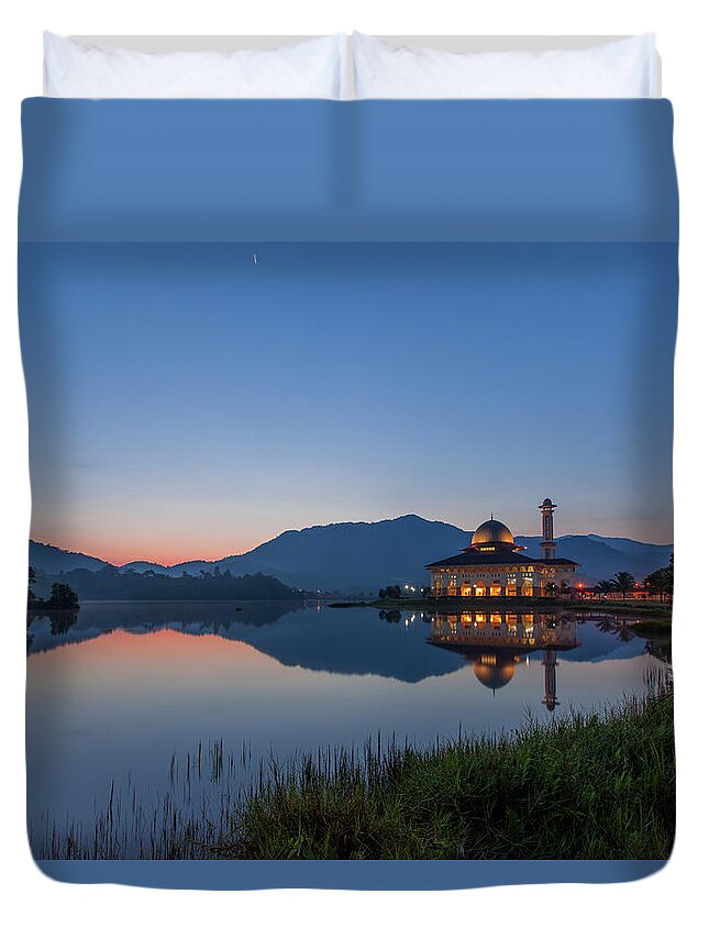 Tranquility Duvet Cover featuring the photograph Darul Quran Mosque Blue Hour by Hafidzabdulkadir Photography