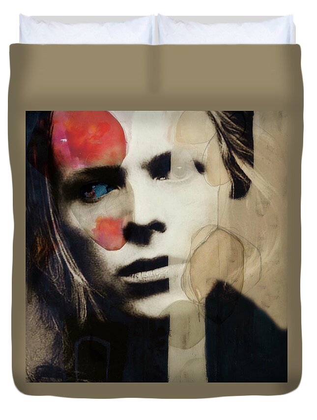 David Bowie Duvet Cover featuring the mixed media David Bowie - This Is Not America by Paul Lovering