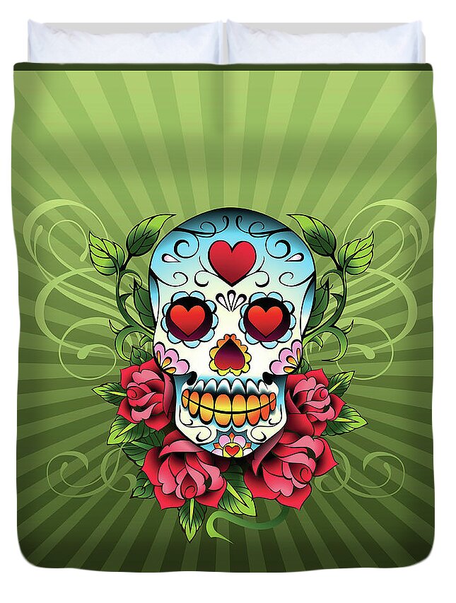 Horror Duvet Cover featuring the digital art Day Of The Dead Skull by New Vision Technologies Inc