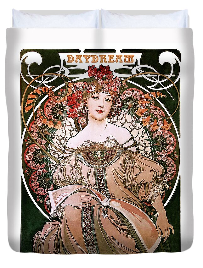 Daydream Duvet Cover featuring the painting Daydream by Alphonse Mucha White Background by Rolando Burbon