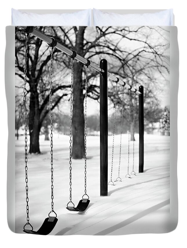 Tranquility Duvet Cover featuring the photograph Deep Snow & Empty Swings After The by Trina Dopp Photography