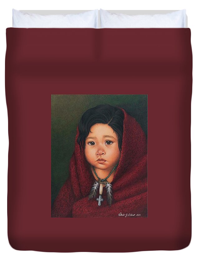 Native American Portrait. American Indian Portrait. Native Child Wrapped In Red Blanket. Western Native American Youth. Wild West. Sad Eyes. Children. Duvet Cover featuring the painting Delaware Girl in Red Robe by Valerie Evans