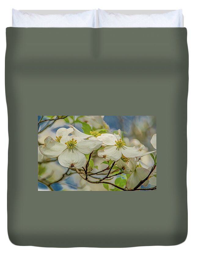 Dogwood Blossoms Duvet Cover featuring the photograph Delicate Dogwoods by Marcy Wielfaert