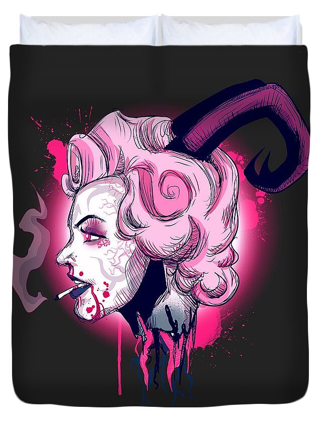 Hell Duvet Cover featuring the drawing Demons Are A Girl's Best Friend by Ludwig Van Bacon