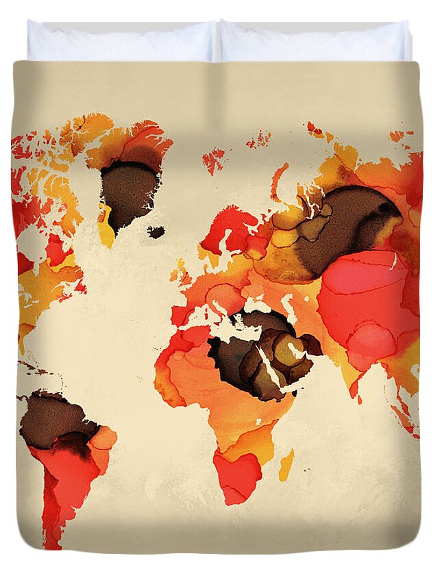 World Map Duvet Cover featuring the mixed media Design 138 World Map by Lucie Dumas
