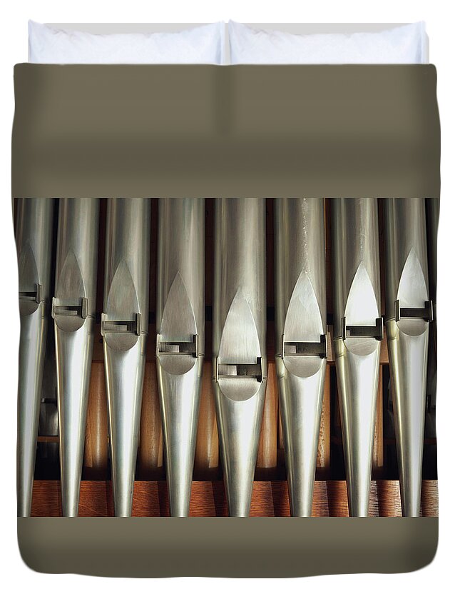 Music Duvet Cover featuring the photograph Detail Of A Pipe Organ by Hudzilla
