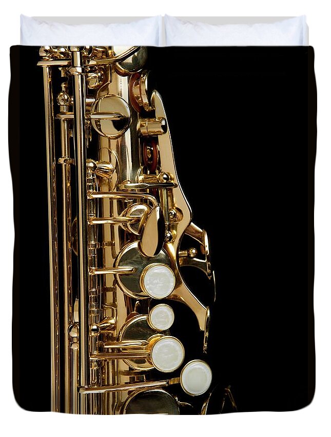 Music Duvet Cover featuring the photograph Detail Of A Saxophone by Junior Gonzalez