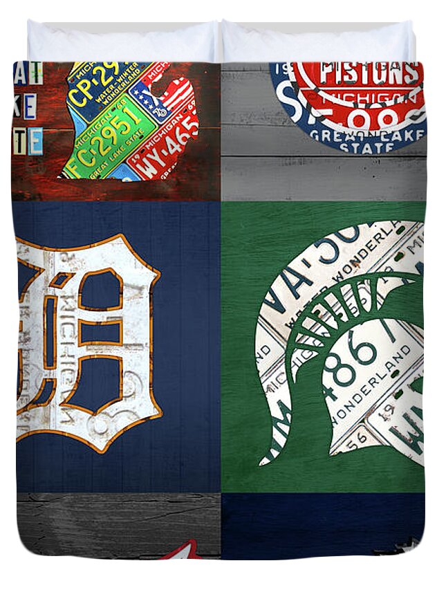 Detroit Duvet Cover featuring the mixed media Detroit Michigan Sports and Map License Plate Art Collage Vertical by Design Turnpike