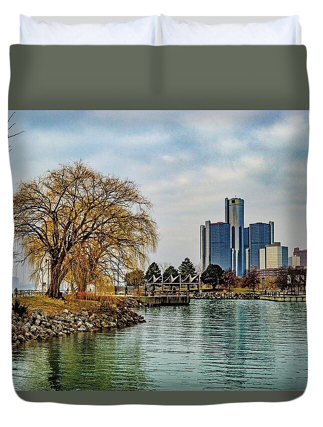 Detroit Duvet Cover featuring the photograph Detroit Skyline and Riverwalk DSC_0076 by Michael Thomas