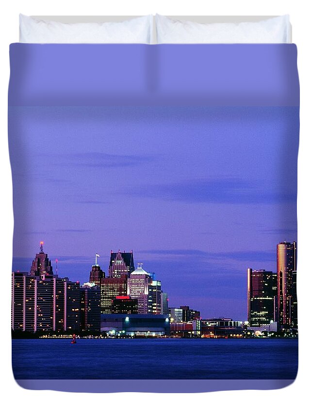 Downtown District Duvet Cover featuring the photograph Detroit Skyline At Night In Usa by Design Pics