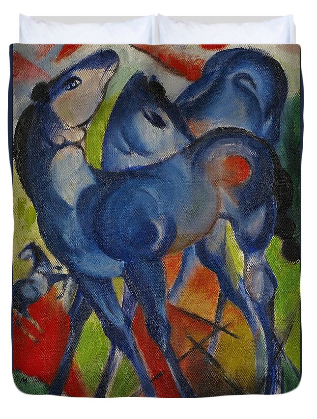 Franz Marc Duvet Cover featuring the painting Die blauen Fohlen-Blue fillies, 1913 Canvas, 55,4 x 38,5 cm. by Franz Marc -1880-1916-