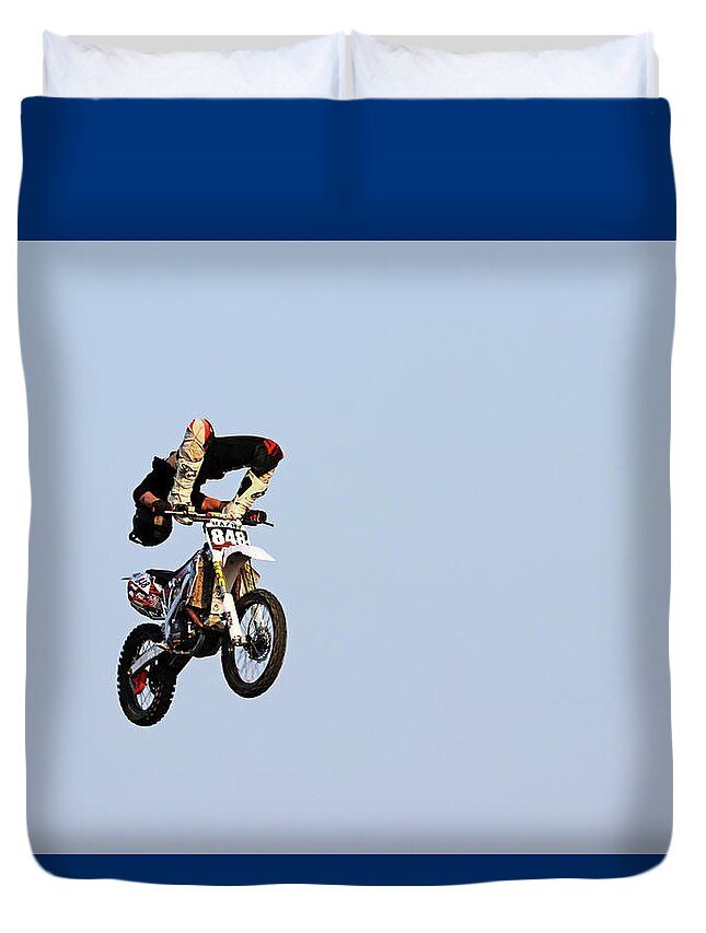 Dirt Bike Duvet Cover featuring the photograph Dirt Bike Stunts - In The Air V by Debbie Oppermann