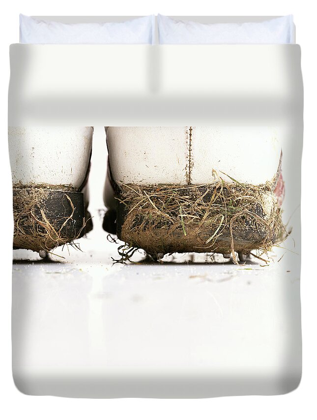 Grass Duvet Cover featuring the photograph Dirt Encrusted Golf Shoes, Close-up by Peter Dazeley