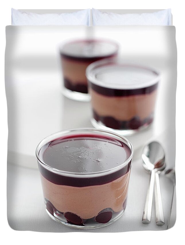 Cherry Duvet Cover featuring the photograph Dishes Of Cherry Chocolate Mousse by Brett Stevens