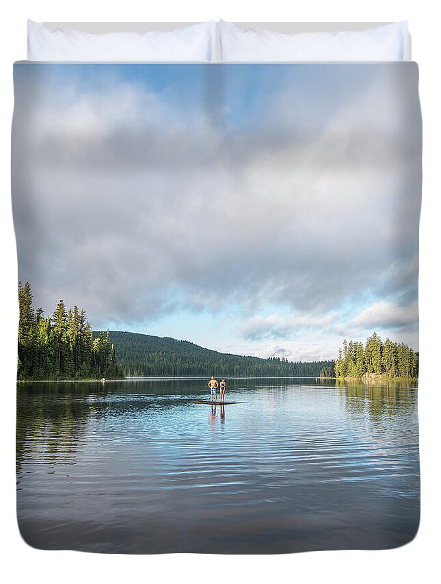 Scenics Duvet Cover featuring the photograph Distant People Float On Wooden Raft, On by Ascent Xmedia