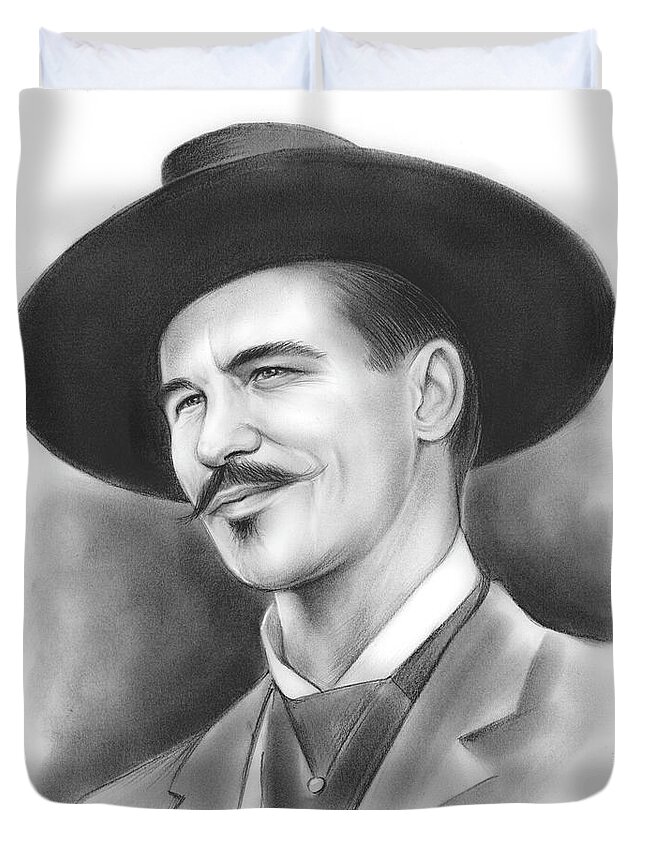Doc Holliday Duvet Cover featuring the drawing Doc Holliday by Greg Joens