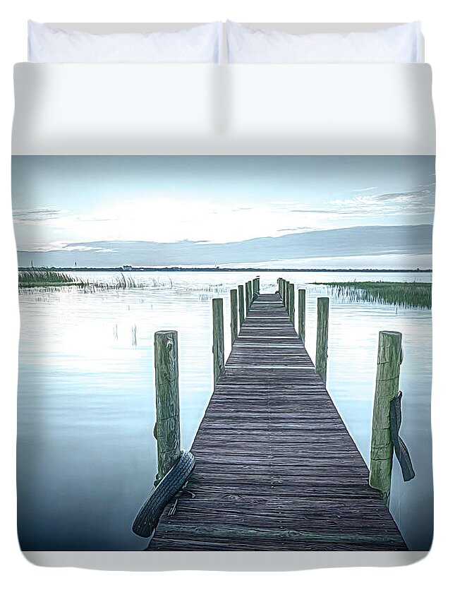 Clouds Duvet Cover featuring the photograph Dock at Sunset Morning Softness by Debra and Dave Vanderlaan