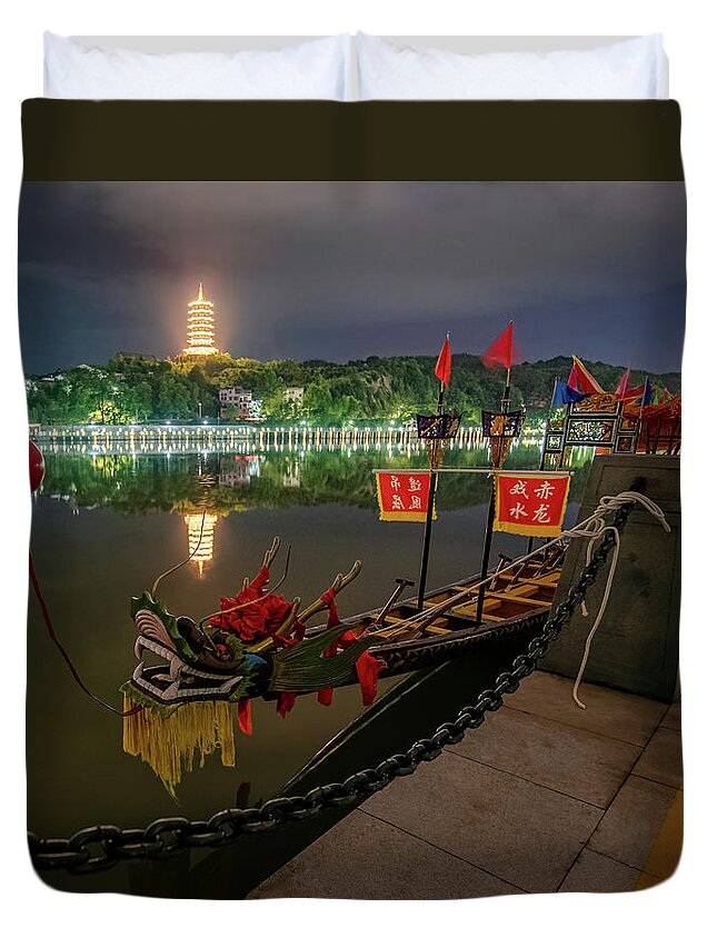 Dragon Duvet Cover featuring the photograph Docked Dragon Boat at Night I by William Dickman