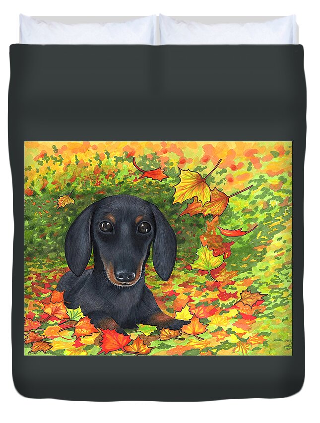 Dog Duvet Cover featuring the painting Dog 142 Dachshund by Lucie Dumas