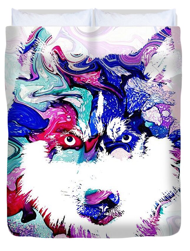 Dog Duvet Cover featuring the mixed media Dog 148 Husky by Lucie Dumas