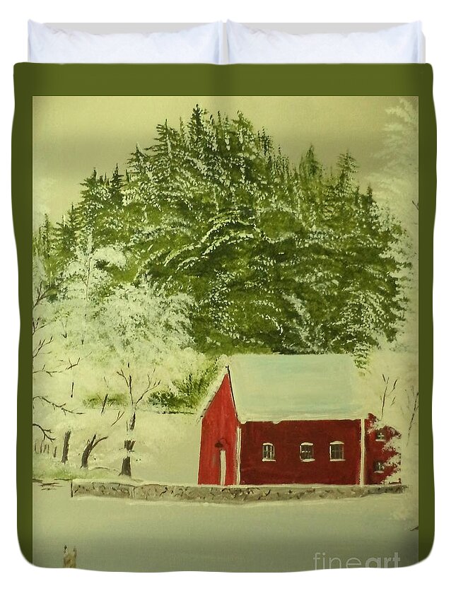 Dog Duvet Cover featuring the painting Dog Waiting At Barn # 172 by Donald Northup