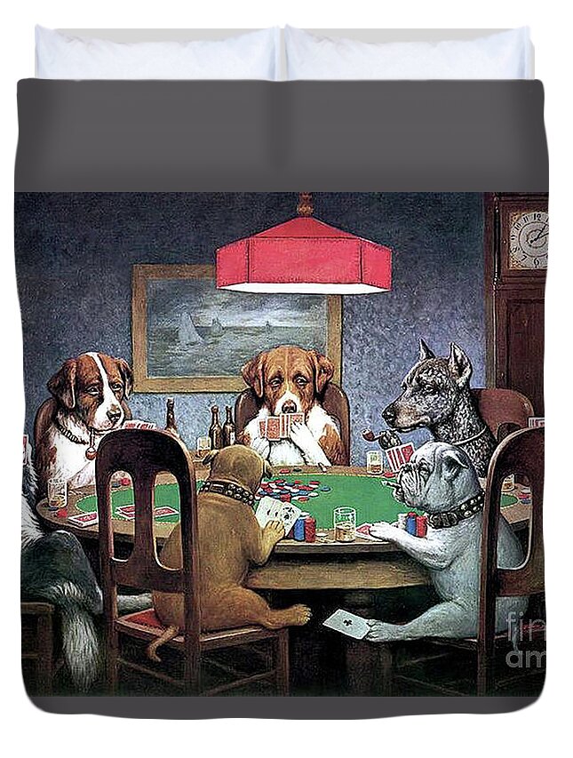 Cassius Marcellus Coolidge Duvet Cover featuring the mixed media Dogs Playing Poker by Cassius Marcellus