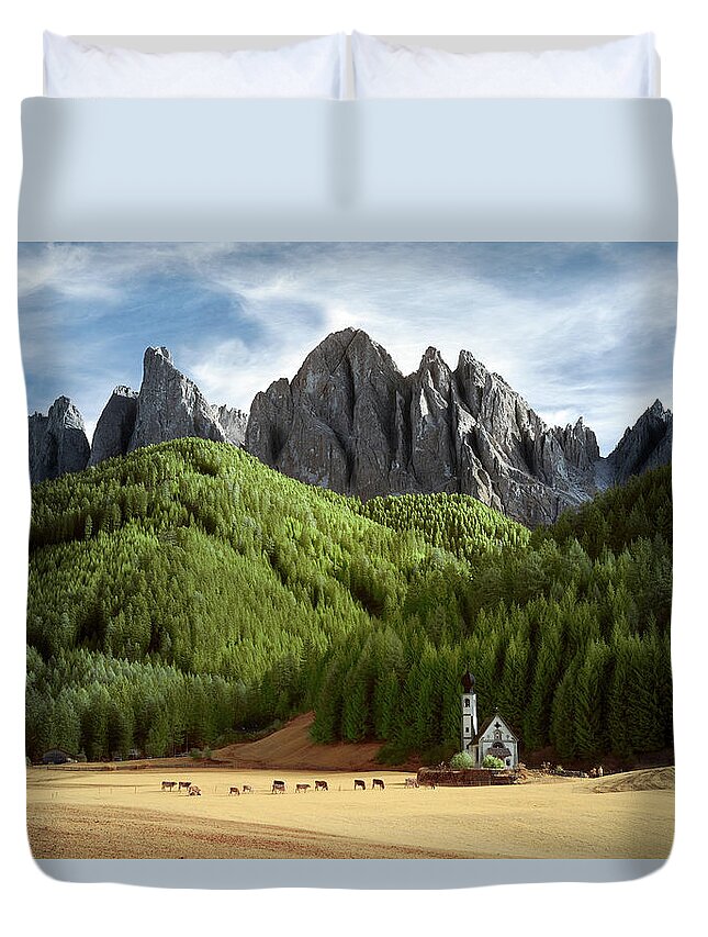 Dolomites Duvet Cover featuring the photograph Dolomite Church by Jon Glaser