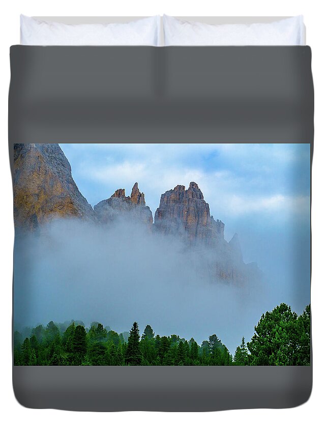 Mountains Duvet Cover featuring the photograph Dolomite Spires in the morning mist by Leslie Struxness