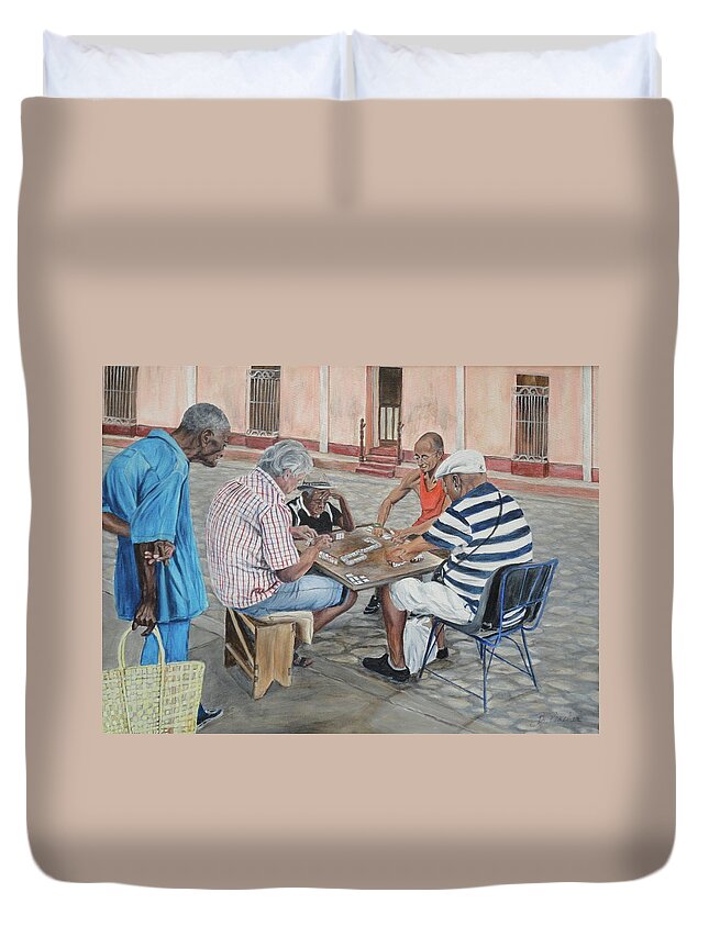 Domino Players Duvet Cover featuring the painting Domino players by Bonnie Peacher