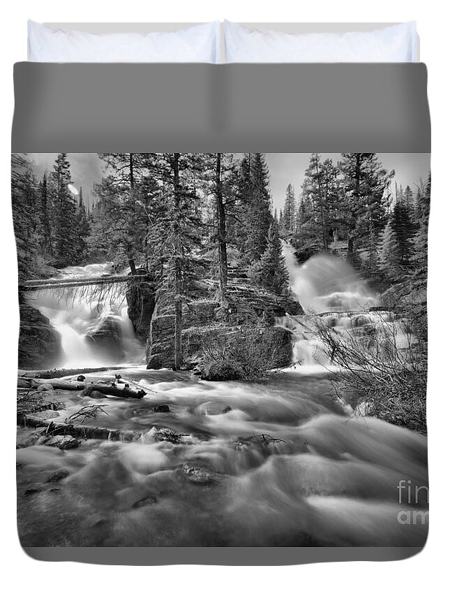 Twin Falls Duvet Cover featuring the photograph Double Falls At Glacier Park Black And White by Adam Jewell