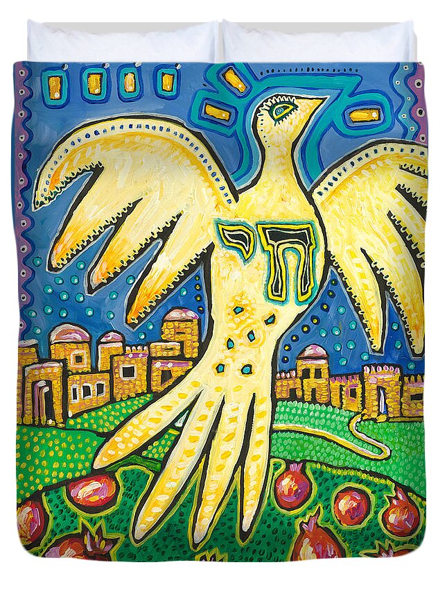 Dove Duvet Cover featuring the painting Dove Over Israel by Yom Tov Blumenthal