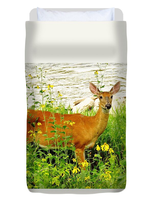 Deer Duvet Cover featuring the photograph Down by the Riverside by Lori Frisch