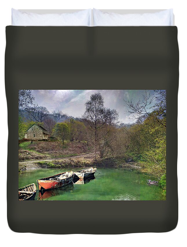 Water Duvet Cover featuring the mixed media Down by the water by Tatiana Travelways