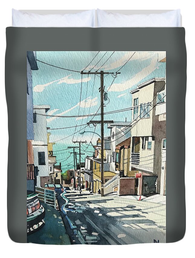 Manhattan Beach Duvet Cover featuring the painting Downhill to the beach by Luisa Millicent