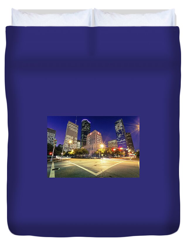 Dawn Duvet Cover featuring the photograph Downtown In Houston by Lightkey