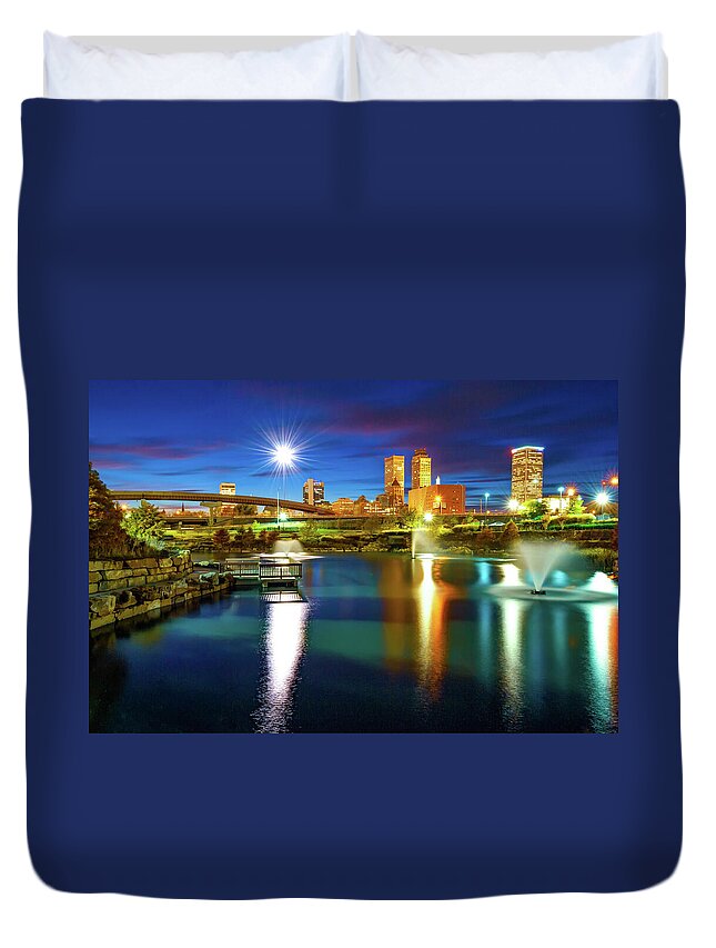 Tulsa Duvet Cover featuring the photograph Downtown Tulsa Oklahoma Skyline at Dusk by Gregory Ballos