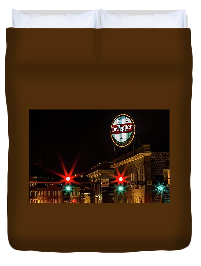  Dr Pepper Sign Neon Sign Duvet Cover featuring the photograph Dr Pepper Neon Sign Roanoke, Virginia. by Julieta Belmont