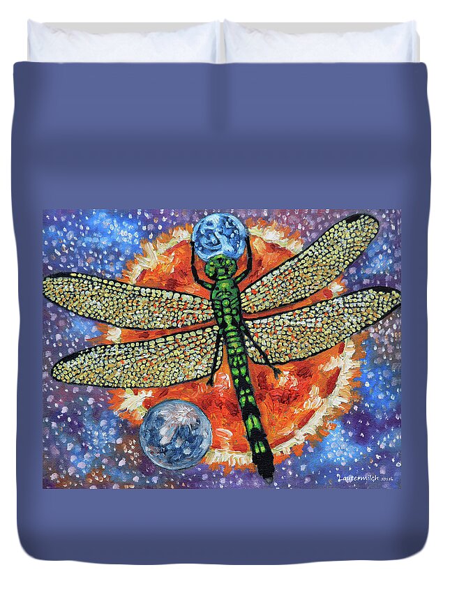 Dragon Fly Duvet Cover featuring the painting Dragon Fly Holding Earth by John Lautermilch