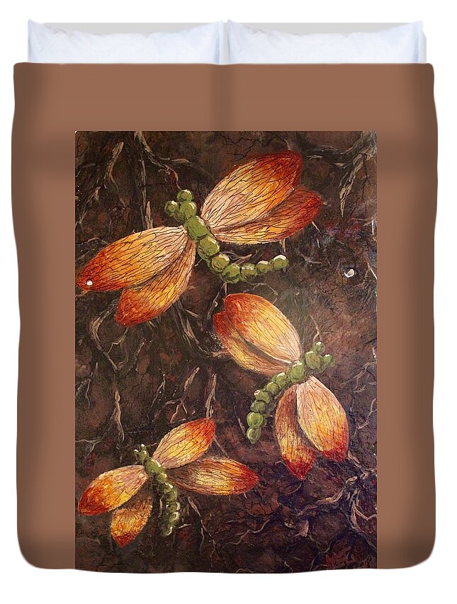 Insects Duvet Cover featuring the painting Dragons 5 by Megan Walsh