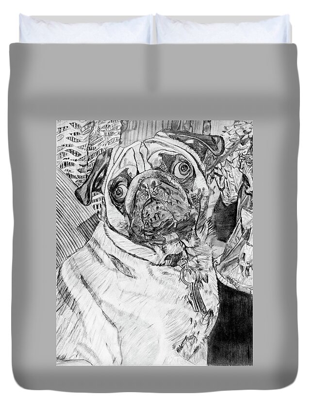 Pug Duvet Cover featuring the drawing Drawing of Bandit by David Martin