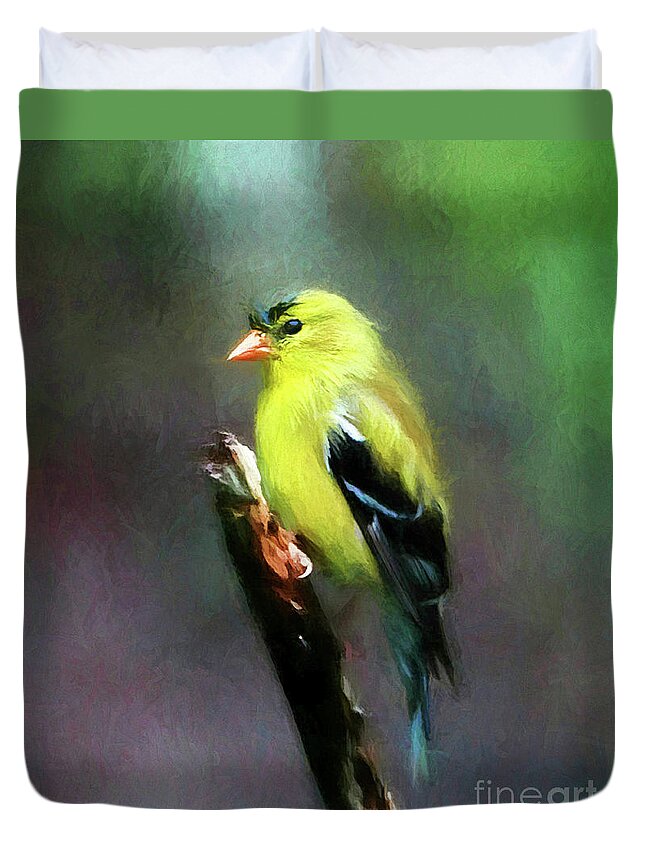 Yellow Finch Duvet Cover featuring the digital art Dressed To Kill by Tina LeCour
