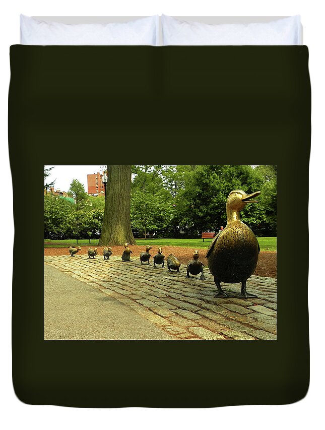 Make Way For The Ducklings Boston Public Garden Duvet Cover featuring the photograph Ducklings In Boston Public Garden by Kathleen Moroney