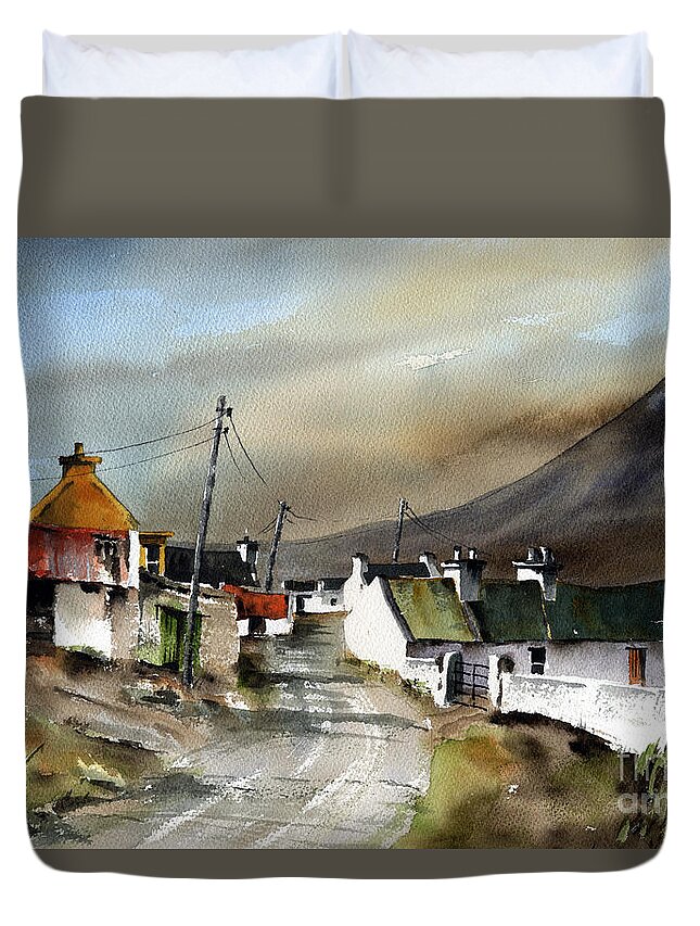 Slieve Mor Duvet Cover featuring the painting Dugort Clachan, Achill, Mayo. by Val Byrne
